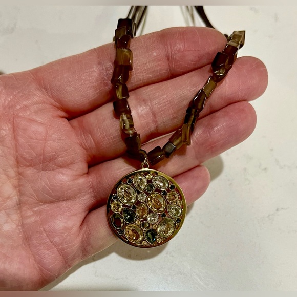 Upcycled VTG Swarovski Dorado Pendant/Tiger Eye Leather Powerhouse Necklace, EUC - Picture 10 of 13
